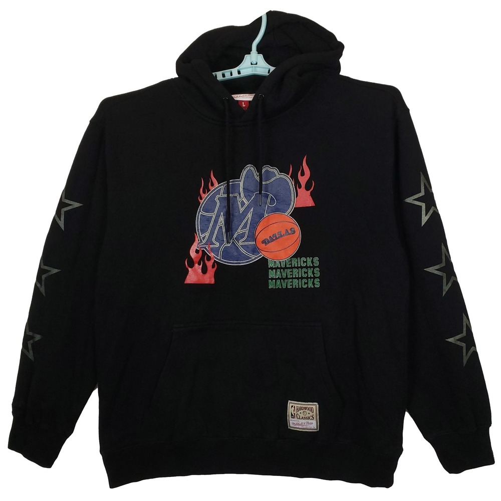 Dallas Mavs Mitchell & Ness NBA Large Hoodie Black Fire Art Stars on Sleeves New